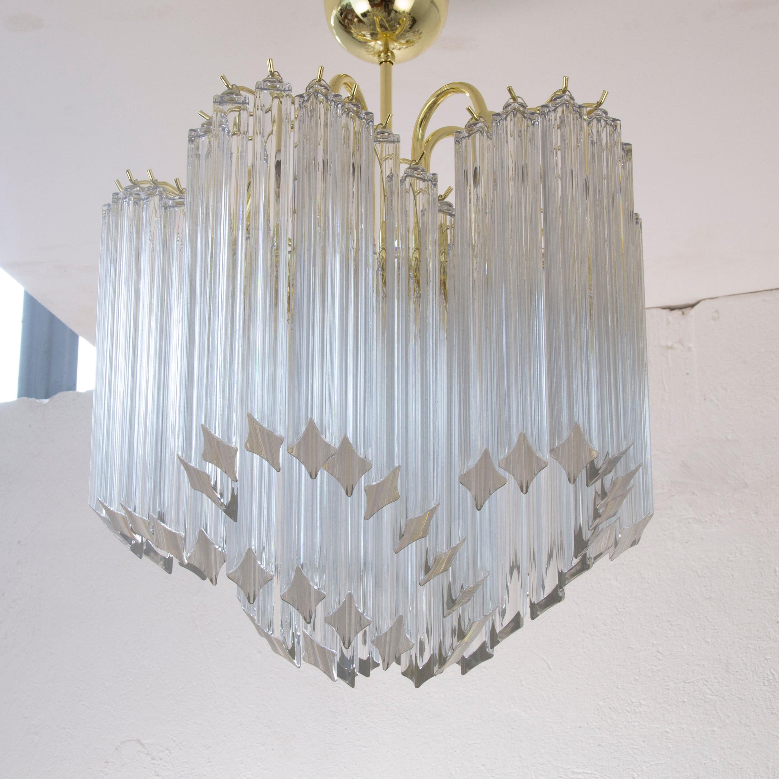 Vintage Clear Murano Glass Chandelier with Brass Frame, Italy For Sale 2