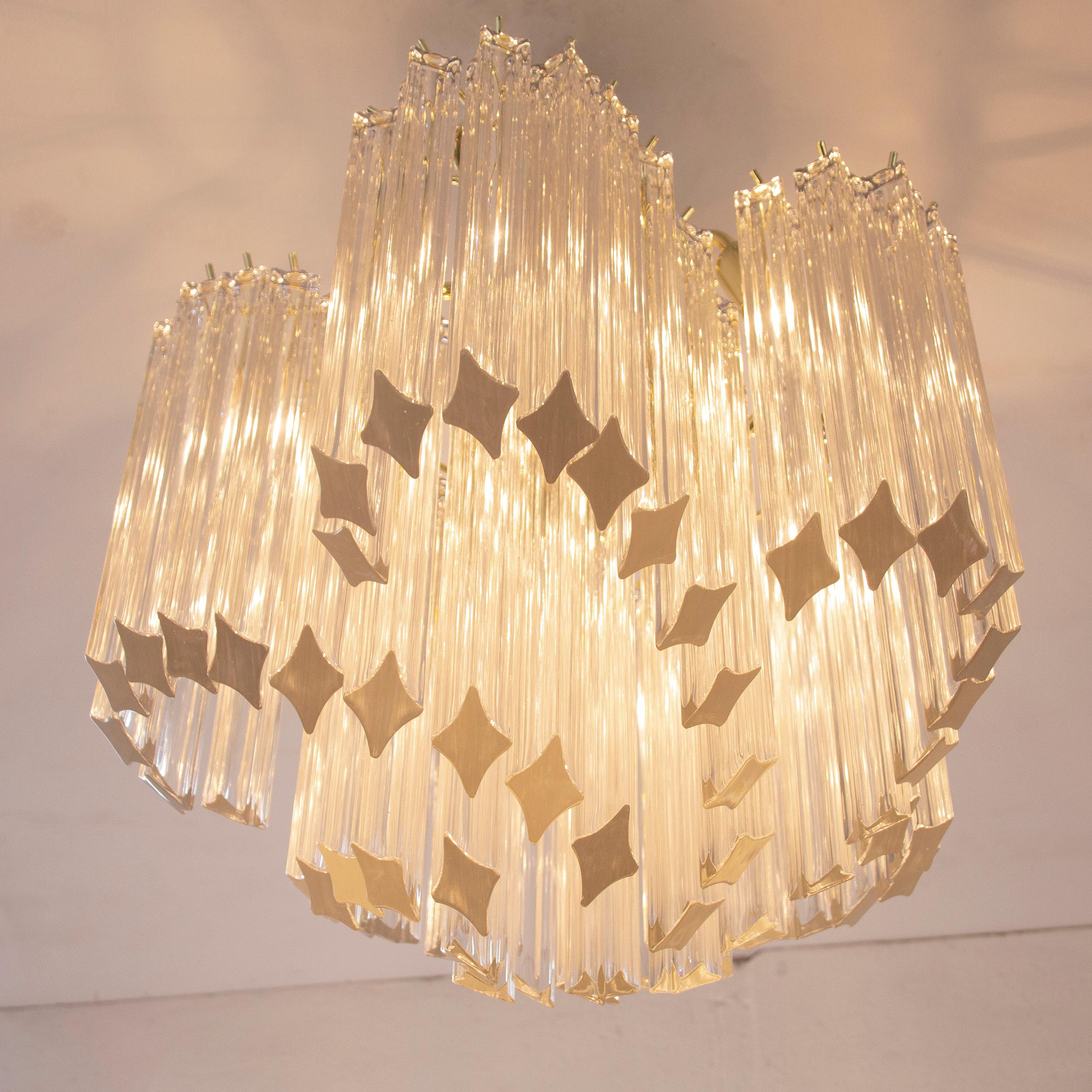 Vintage Clear Murano Glass Chandelier with Brass Frame, Italy For Sale 3