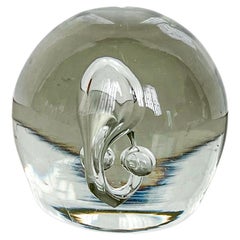 Vintage Clear Murano Glass Paperweight with Included Bubble, Desk Decorative
