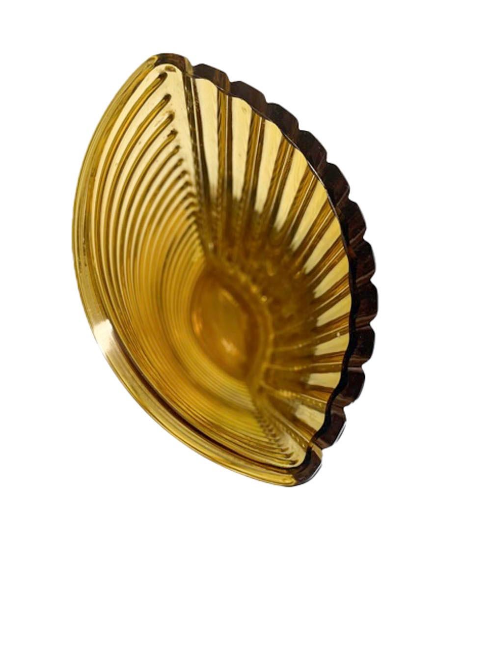 Mid-Century Modern, Lindshammar cased amber and clear glass vase of ovoid form with vertical ribs on one side and horizontal ribs on the other, creating an optical grid pattern.