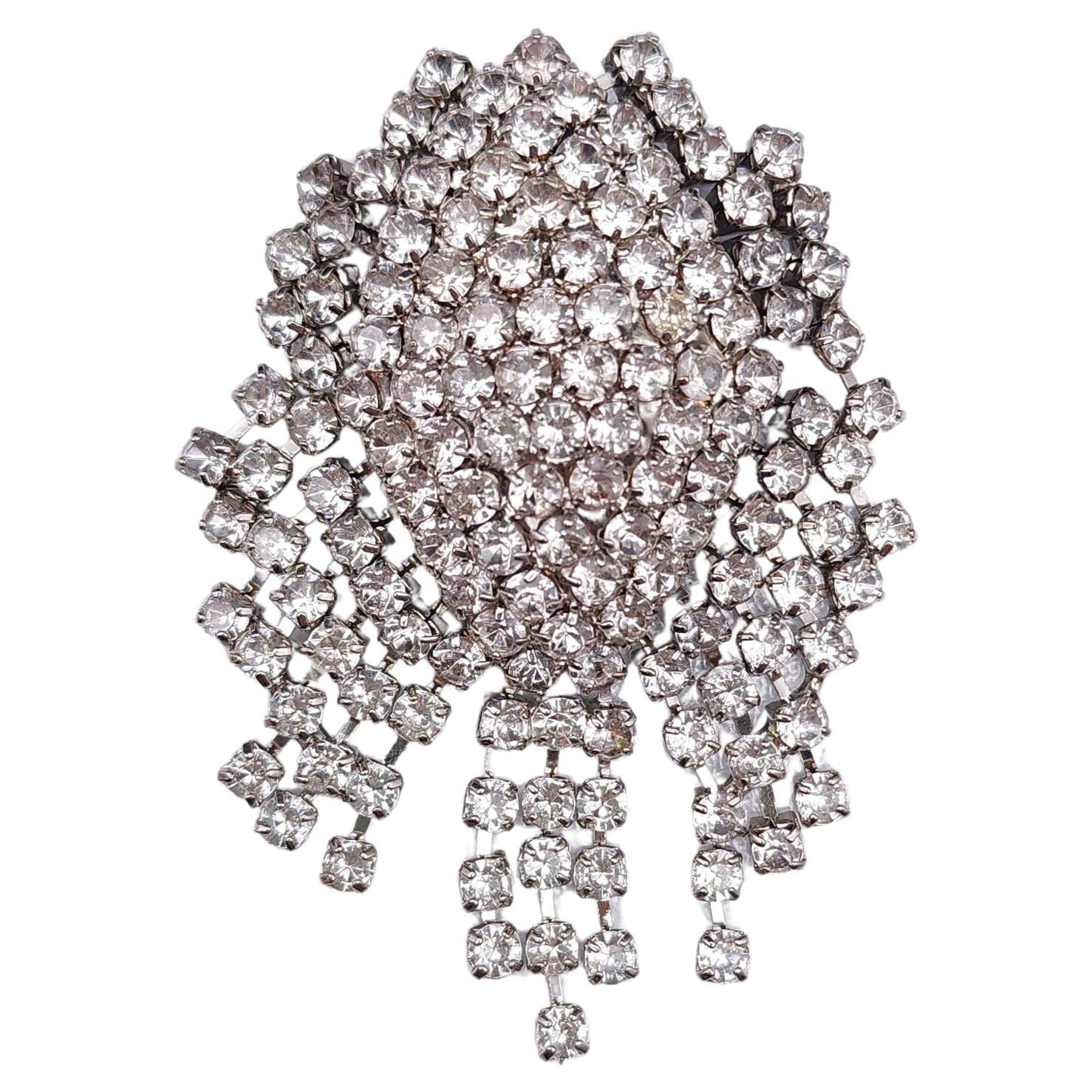 Vintage Clear Rhinestone Brooch with Cascading Crystal Dangles in Silver, Deco