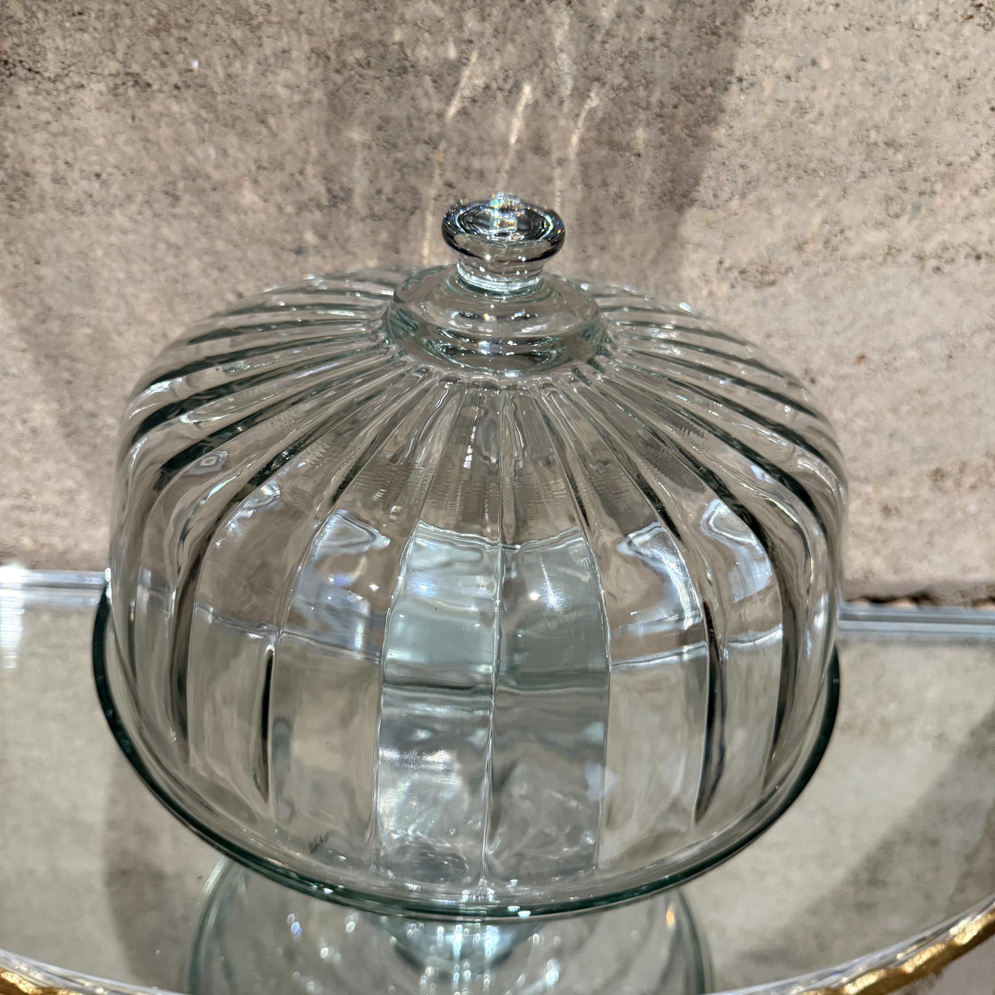 Post-Modern Vintage Clear Ribbed Glass Pedestal Footed Cake Plate Stand & Dome Lid Cover For Sale