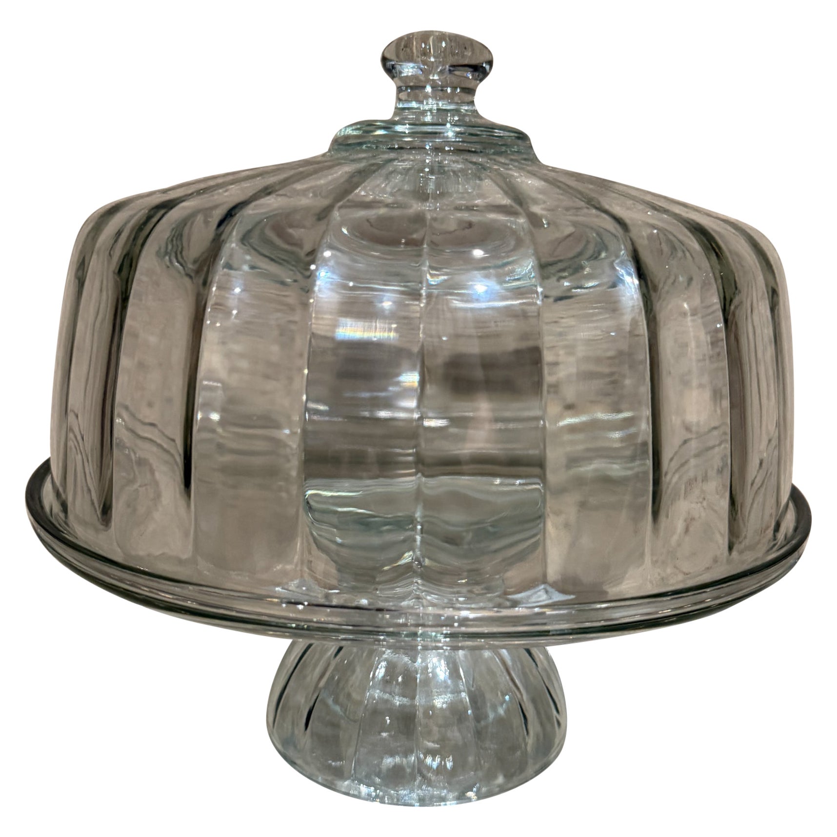 Vintage Clear Ribbed Glass Pedestal Footed Cake Plate Stand & Dome Lid Cover For Sale
