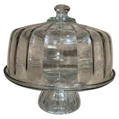 Vintage Clear Ribbed Glass Pedestal Footed Cake Plate Stand & Dome Lid Cover