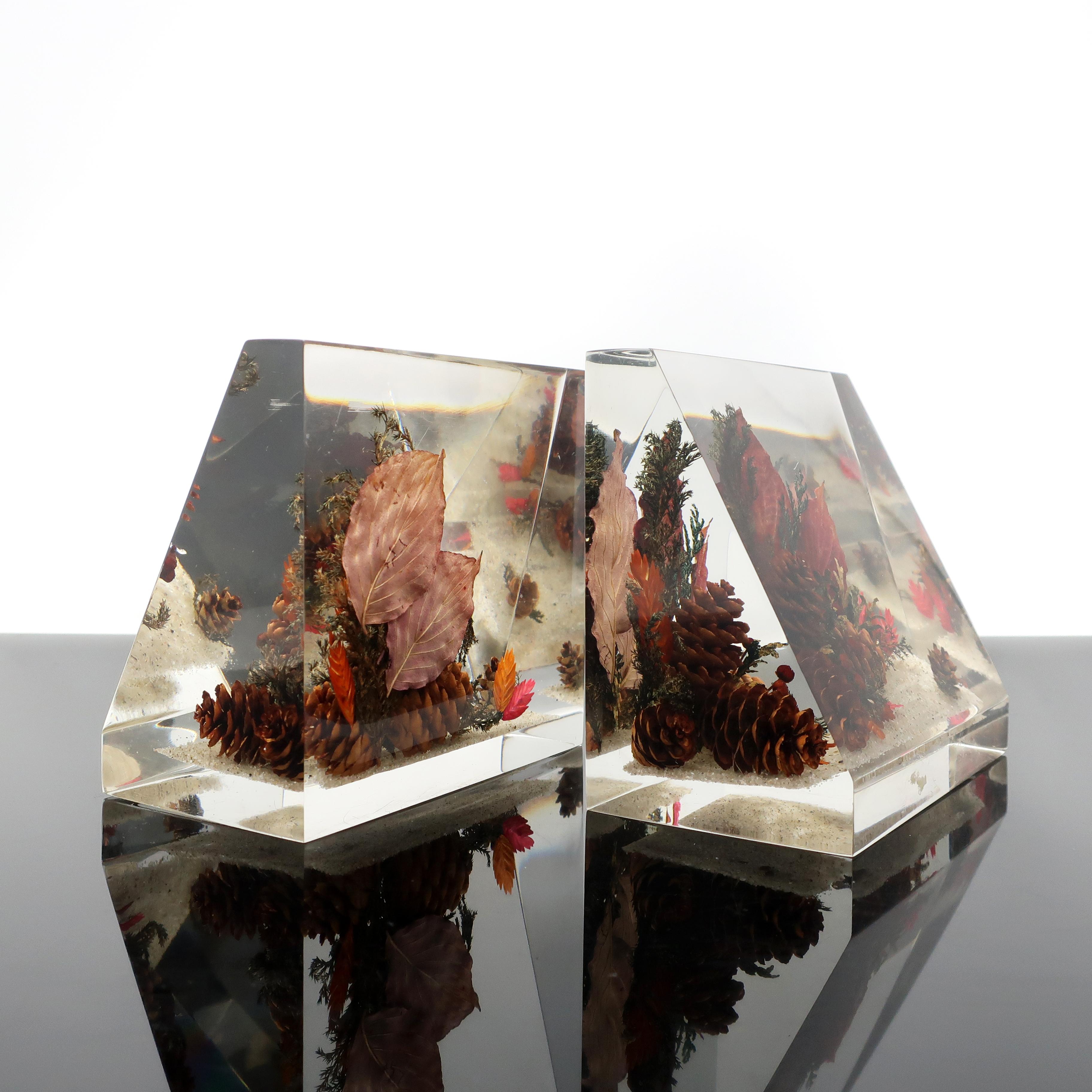 A pair of Lucite Clearfloat bookends with an autumn scene suspended in them. Pine cones, red leaves, and other autumn foliage on a layer of sand give this a brightness and feeling of texture contained within their sleek acrylic exterior.

In
