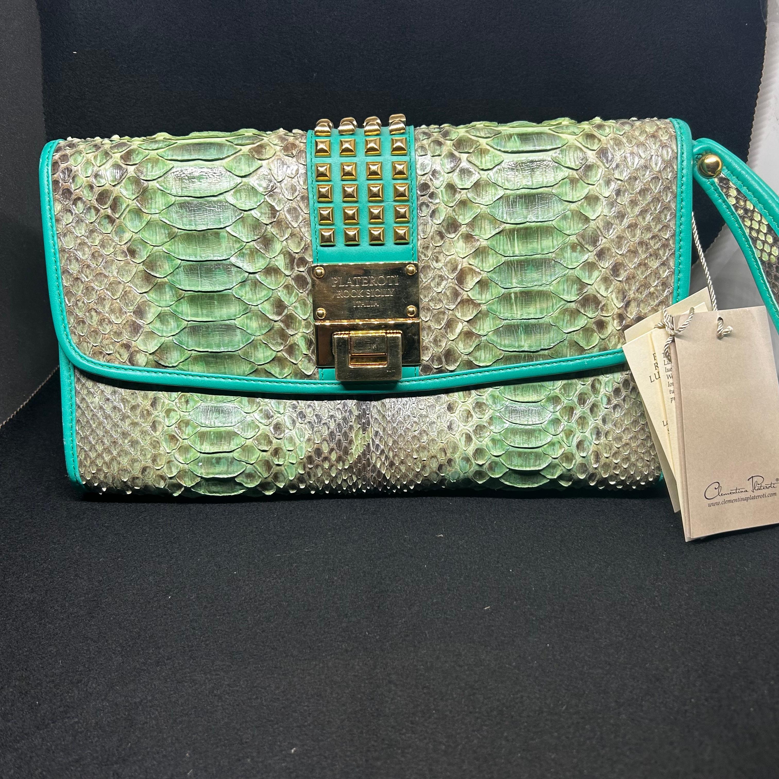 Vintage Clementina Plateroti Turquoise and Green Python Leather Clutch Bag 8