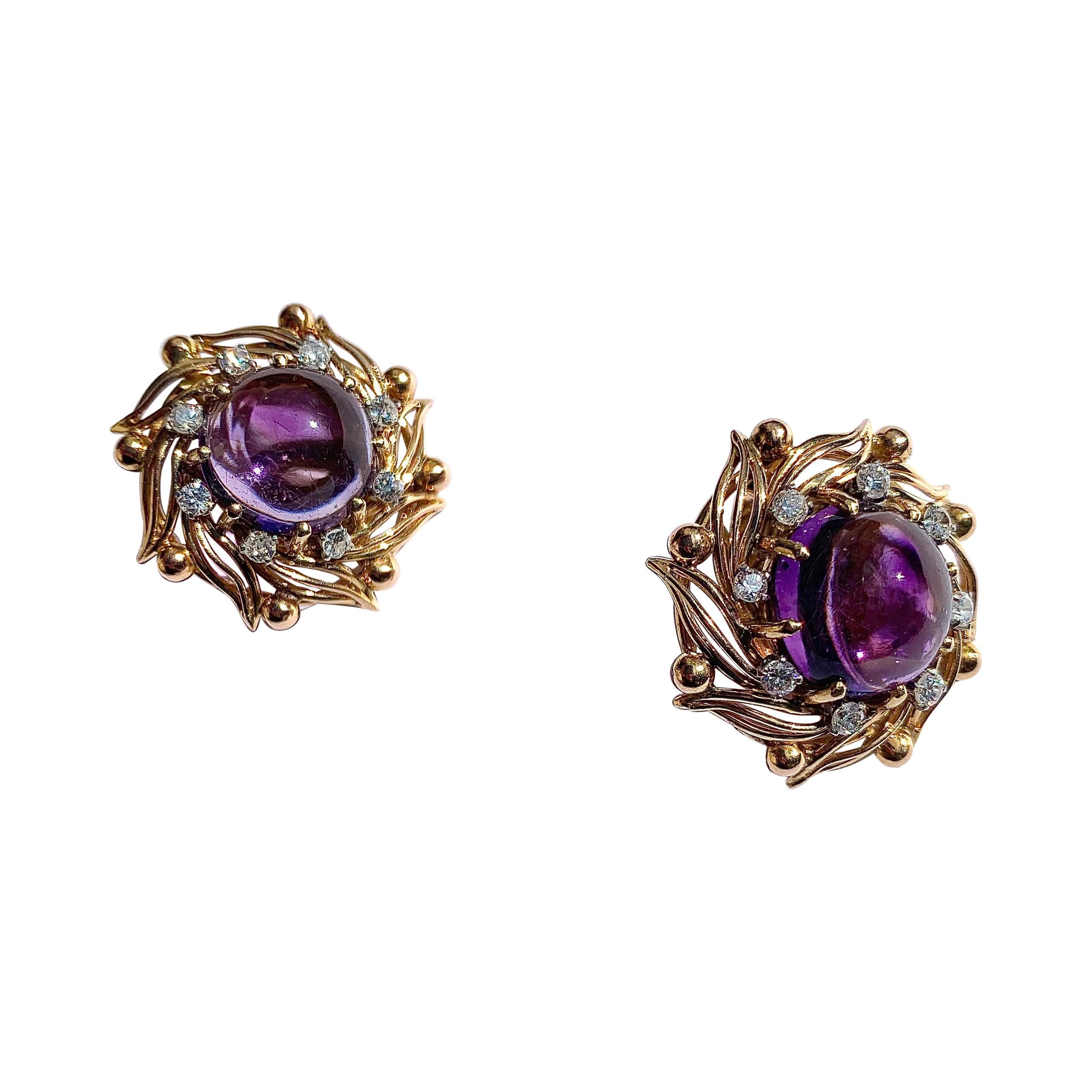 Art Deco Vintage Clip 0n Earrings with Amethyst Colour Oblong Stones and Shell Deco Design