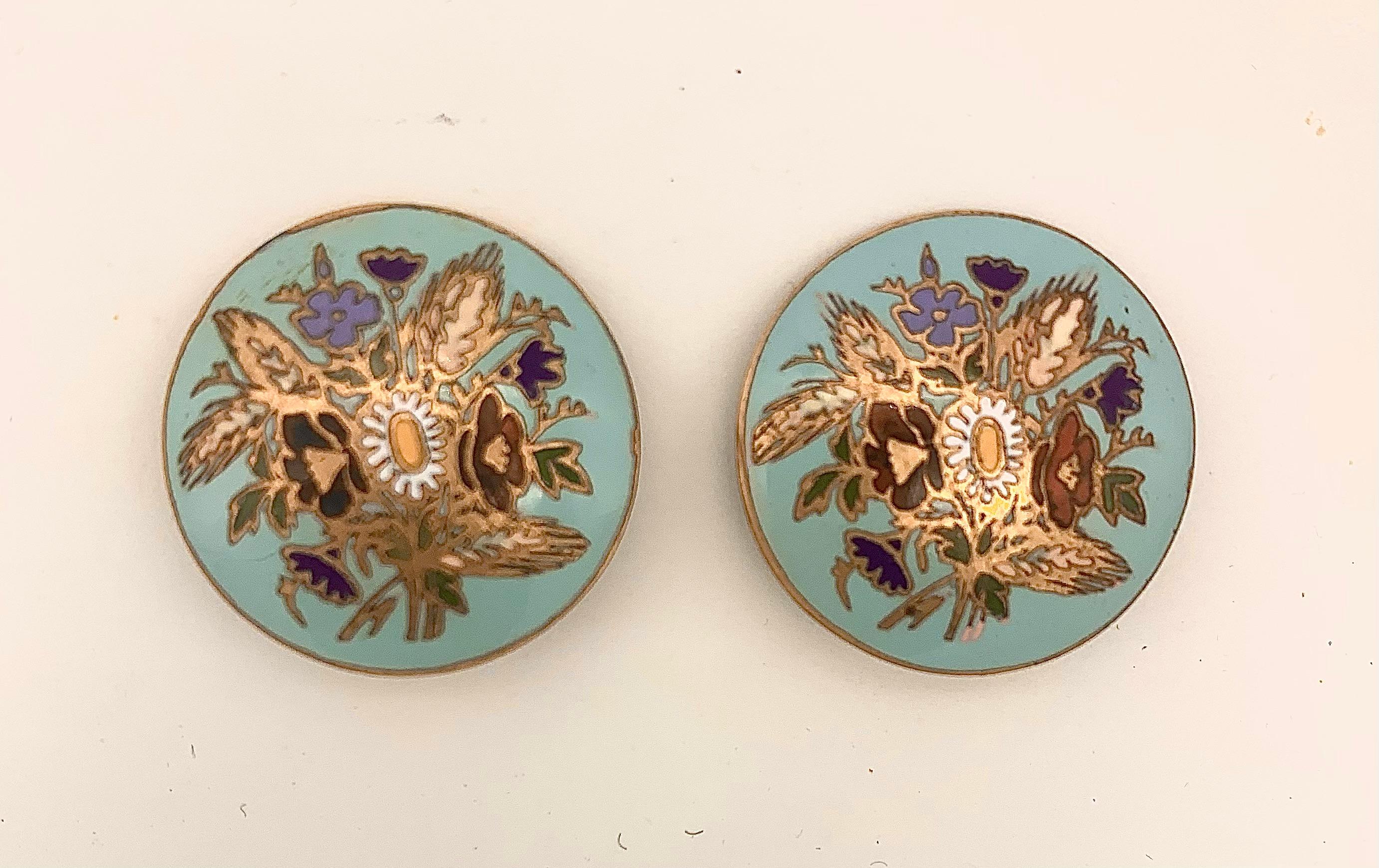 Post-War Vintage Clip - On Earrings Bouquet of Flowers and Oars Polychrome Enamel Brass For Sale