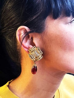 Vintage clip-on earrings from ANTIGONA PARIS 1970s, gold-plated with red drops