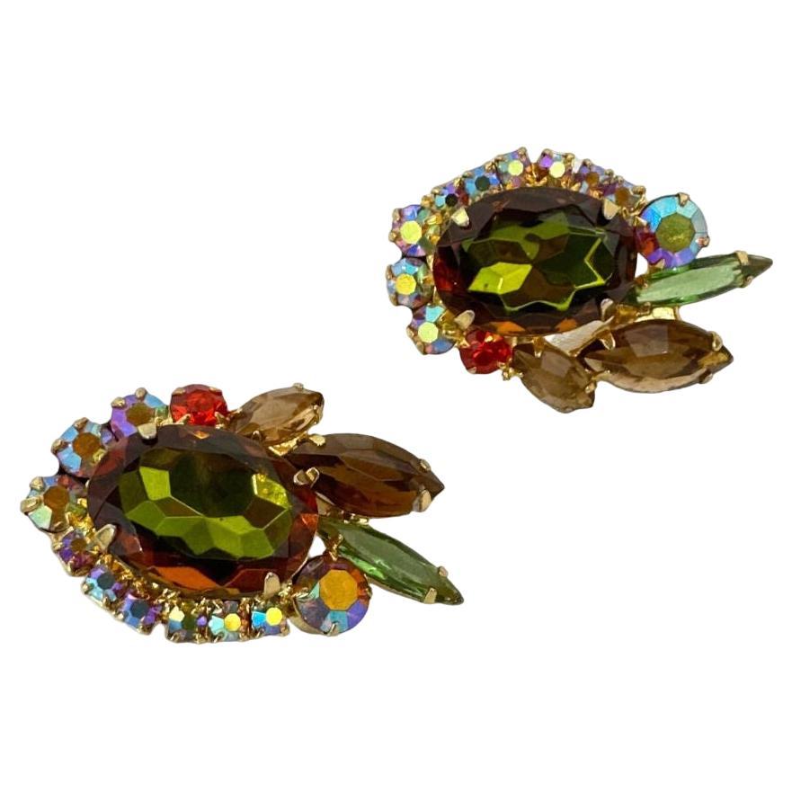 Vintage Clip-On Earrings with Beautiful Multi-Color Red, Brown & Green Rhineston For Sale