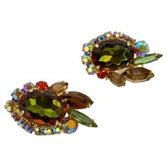 Vintage Clip-On Earrings with Beautiful Multi-Color Red, Brown & Green Rhineston