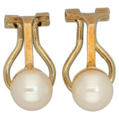 Vintage Clip On Pearl Earrings, Solid 14k 585 Gold White Cultivated Pearl Studs