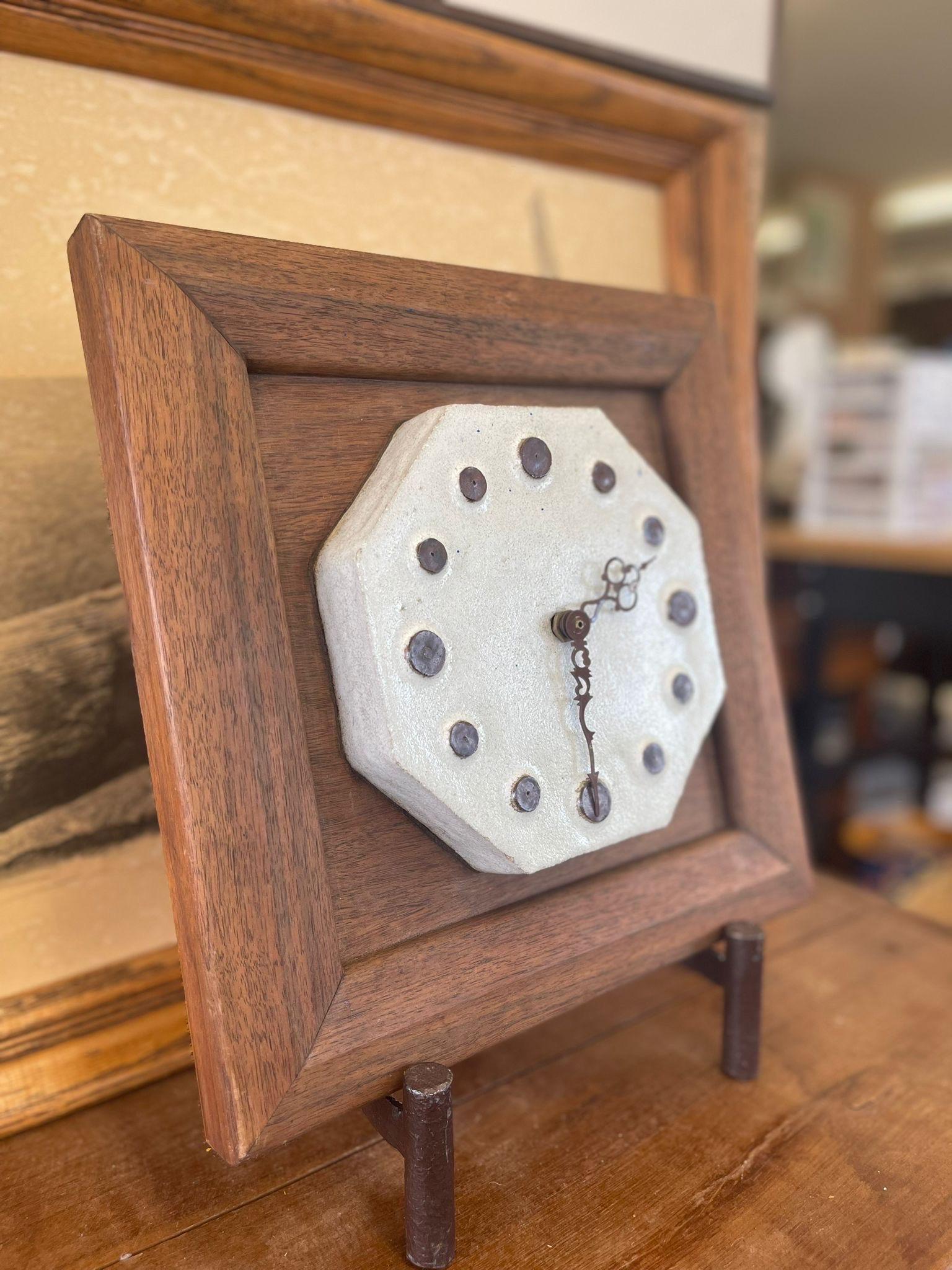 Mid-Century Modern Vintage Clock With Ceramic Face and Wooden Frame For Sale
