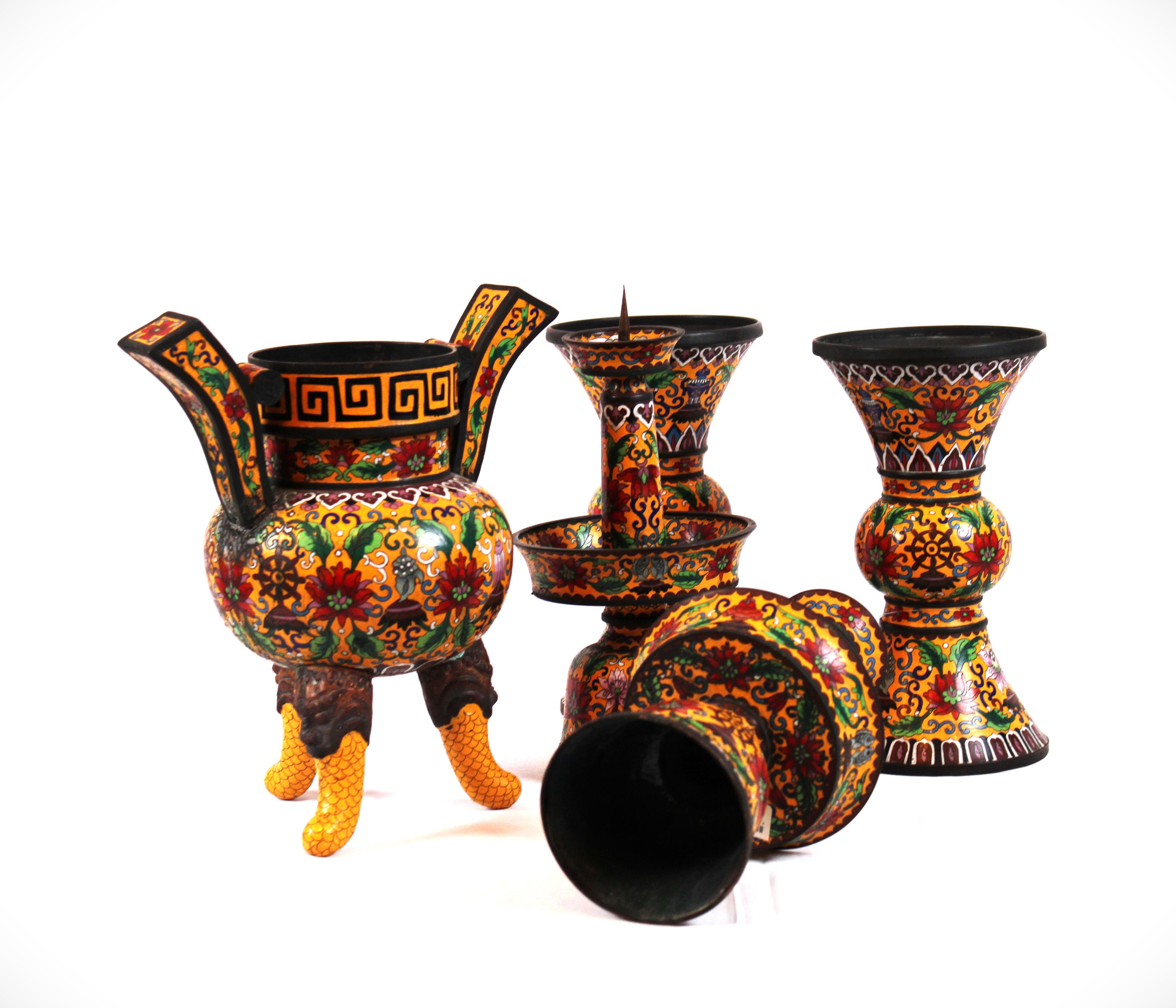 Cloissoné Vintage Cloisonné Altar Set (5pcs) For Sale