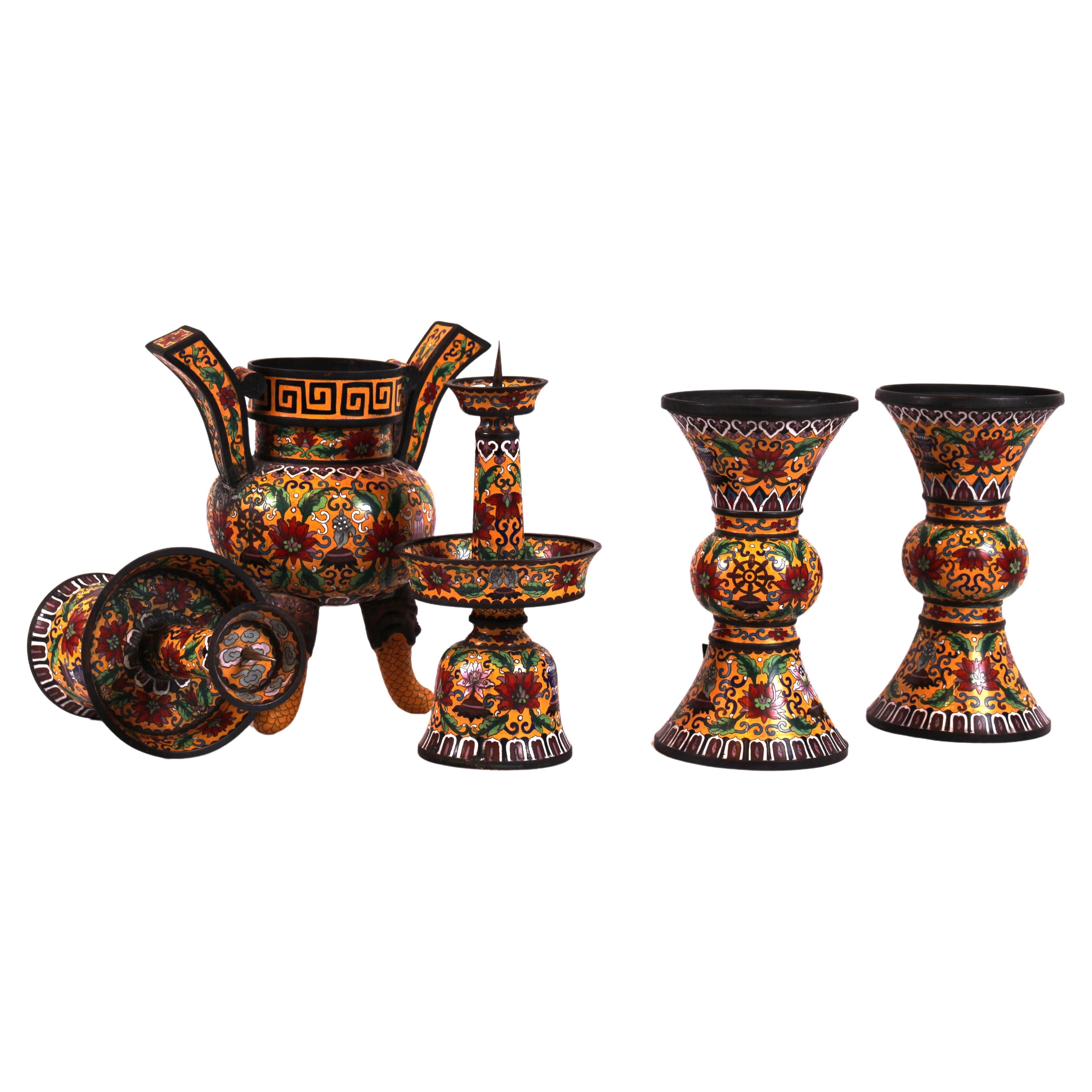 Vintage Cloisonné Altar Set (5pcs) For Sale