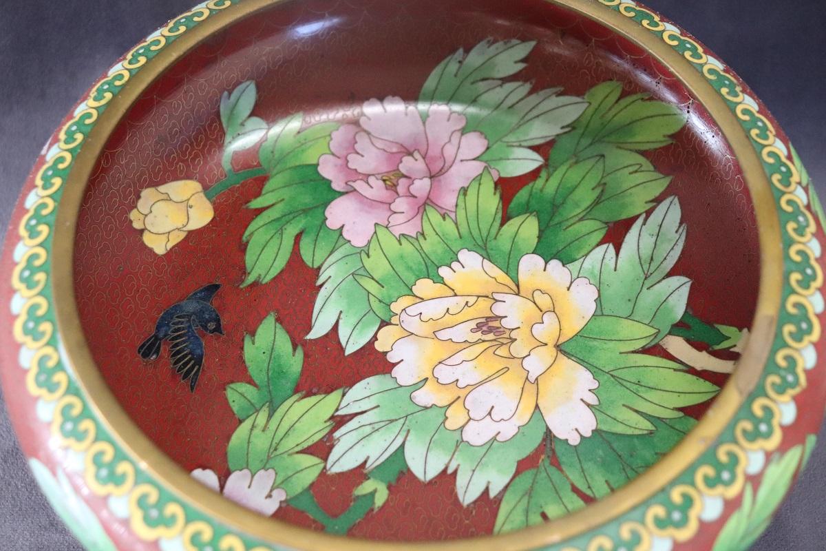 Chinese Vintage Cloisonne Bowl on Wooden Stand For Sale