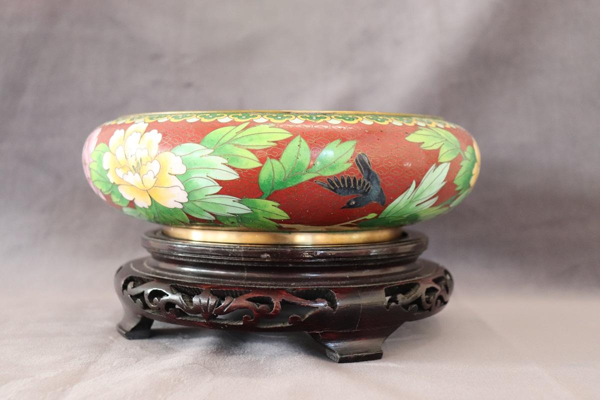 Late 20th Century Vintage Cloisonne Bowl on Wooden Stand For Sale