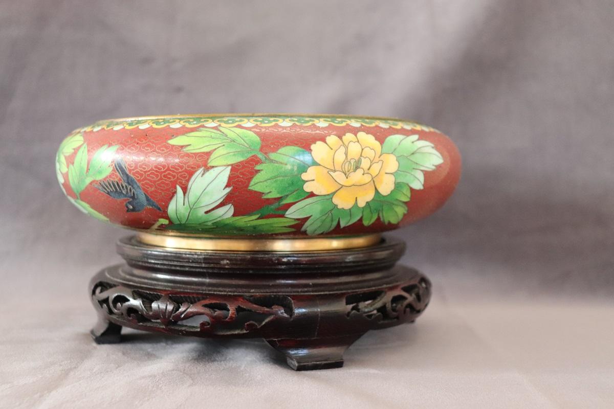 Metal Vintage Cloisonne Bowl on Wooden Stand For Sale