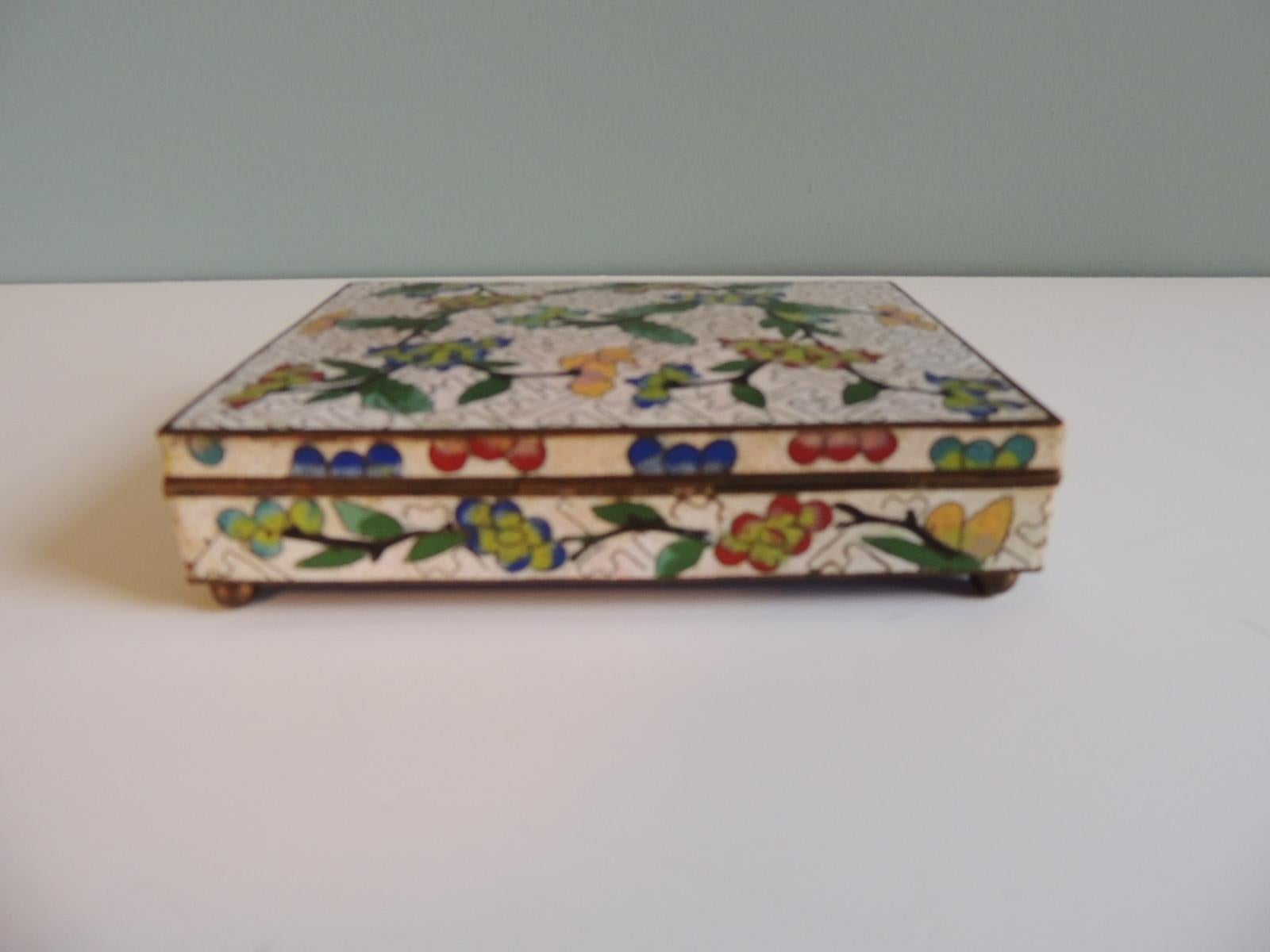 Late 20th Century Vintage Cloisonné Brass and Enamel Decorative Footed Box Depicting Flowers