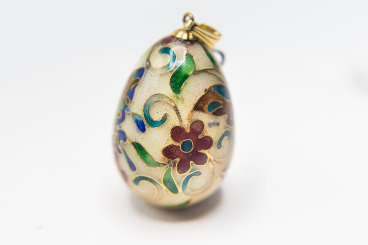 Vintage Cloisonné Butterfly Egg Pendant in 14 Karat Gold Bail 4