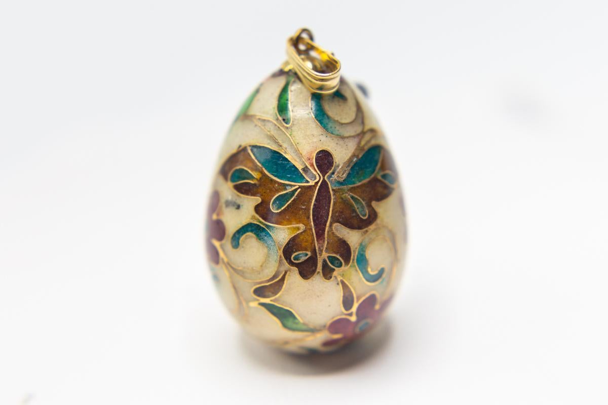 Vintage Cloisonné Butterfly Egg Pendant in 14 Karat Gold Bail 5