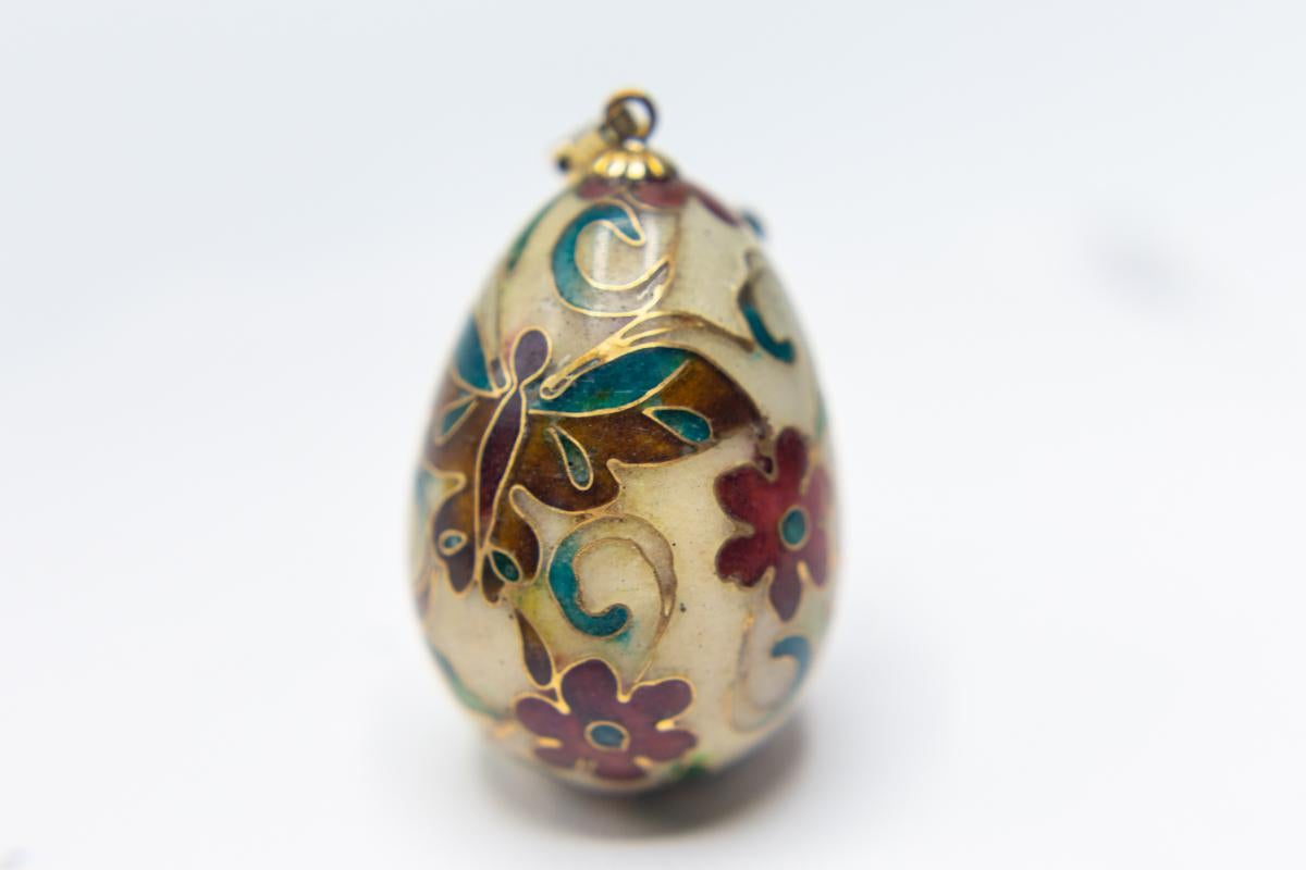 Vintage Cloisonné Butterfly Egg Pendant in 14 Karat Gold Bail 6