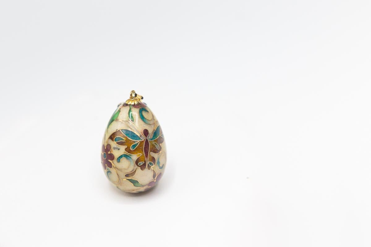 Women's or Men's Vintage Cloisonné Butterfly Egg Pendant in 14 Karat Gold Bail