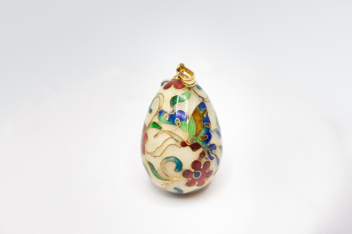 Vintage Cloisonné Butterfly Egg Pendant in 14 Karat Gold Bail 2