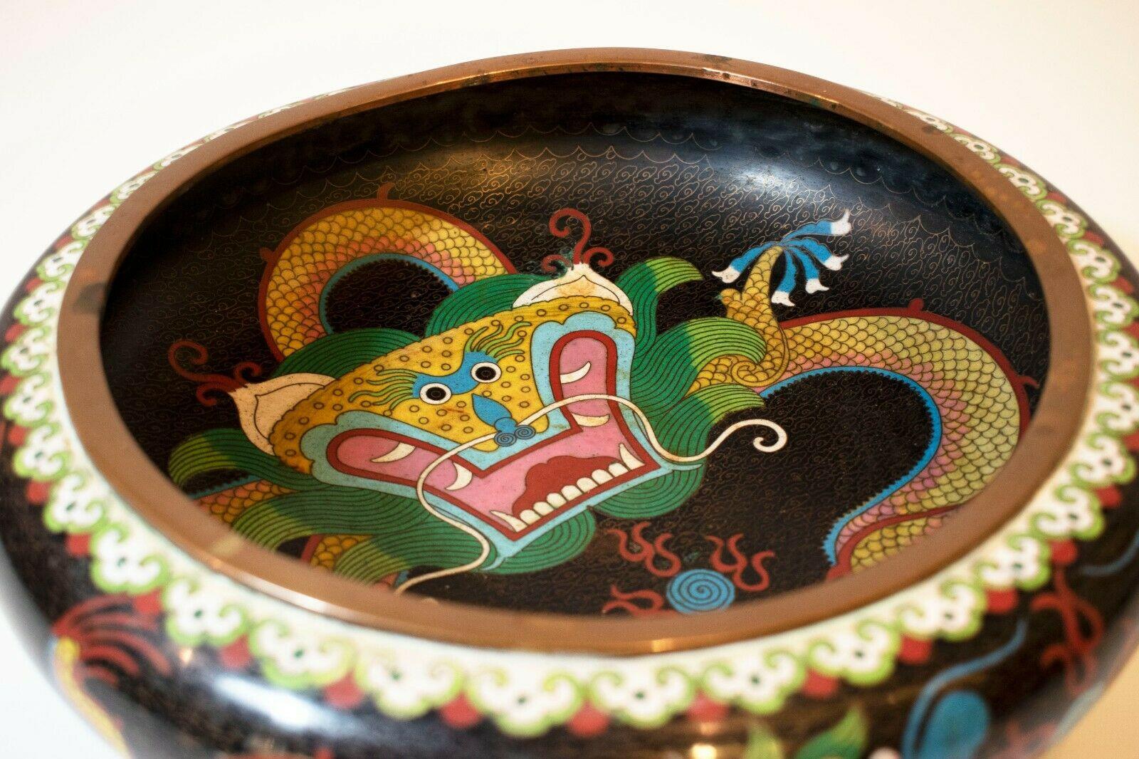 Ming Vintage Cloisonné Chinese Dragon Enamel Bowl For Sale