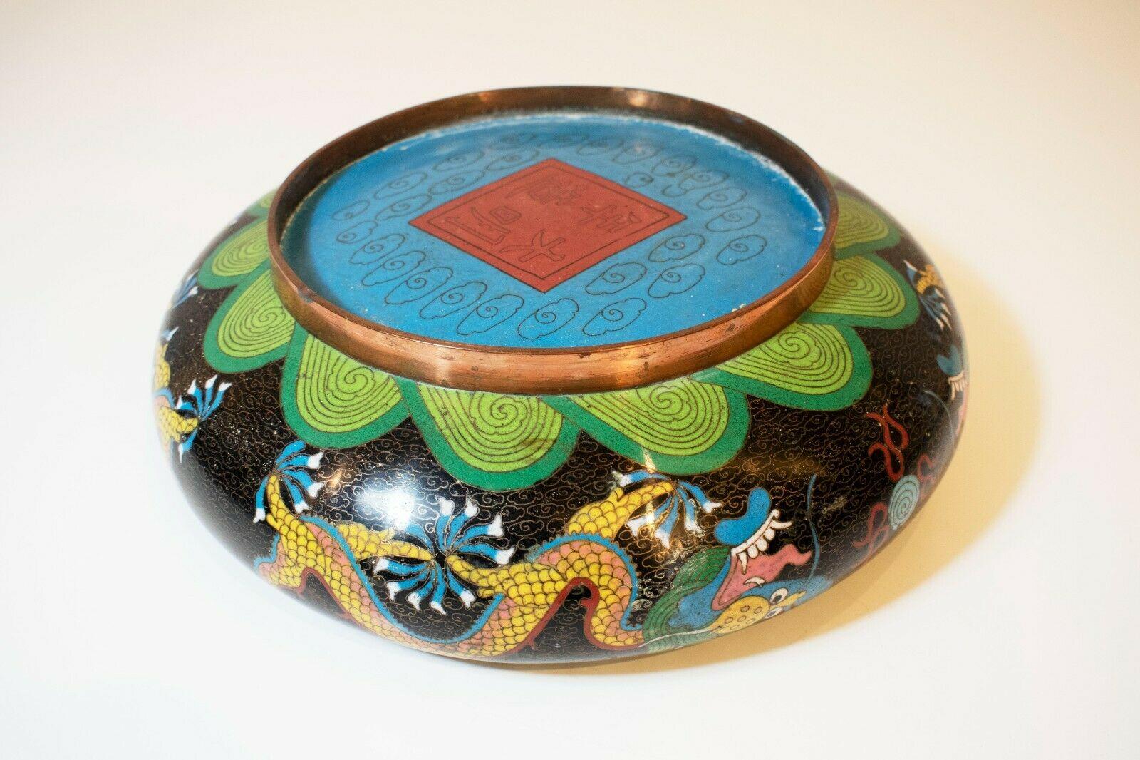 Metal Vintage Cloisonné Chinese Dragon Enamel Bowl For Sale