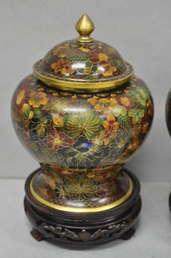Vintage Cloisonné Chinese Small Enameled Brown Covered Ginger Jar on Stand, Pair