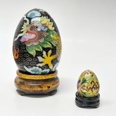 Vintage Cloisonne Decorative Eggs, Set of 2, Enamel Dragon Decor, circa 1970