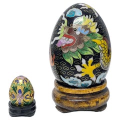 Vintage Cloisonne Decorative Eggs, Set of 2, Enamel Dragon Decor, circa 1970