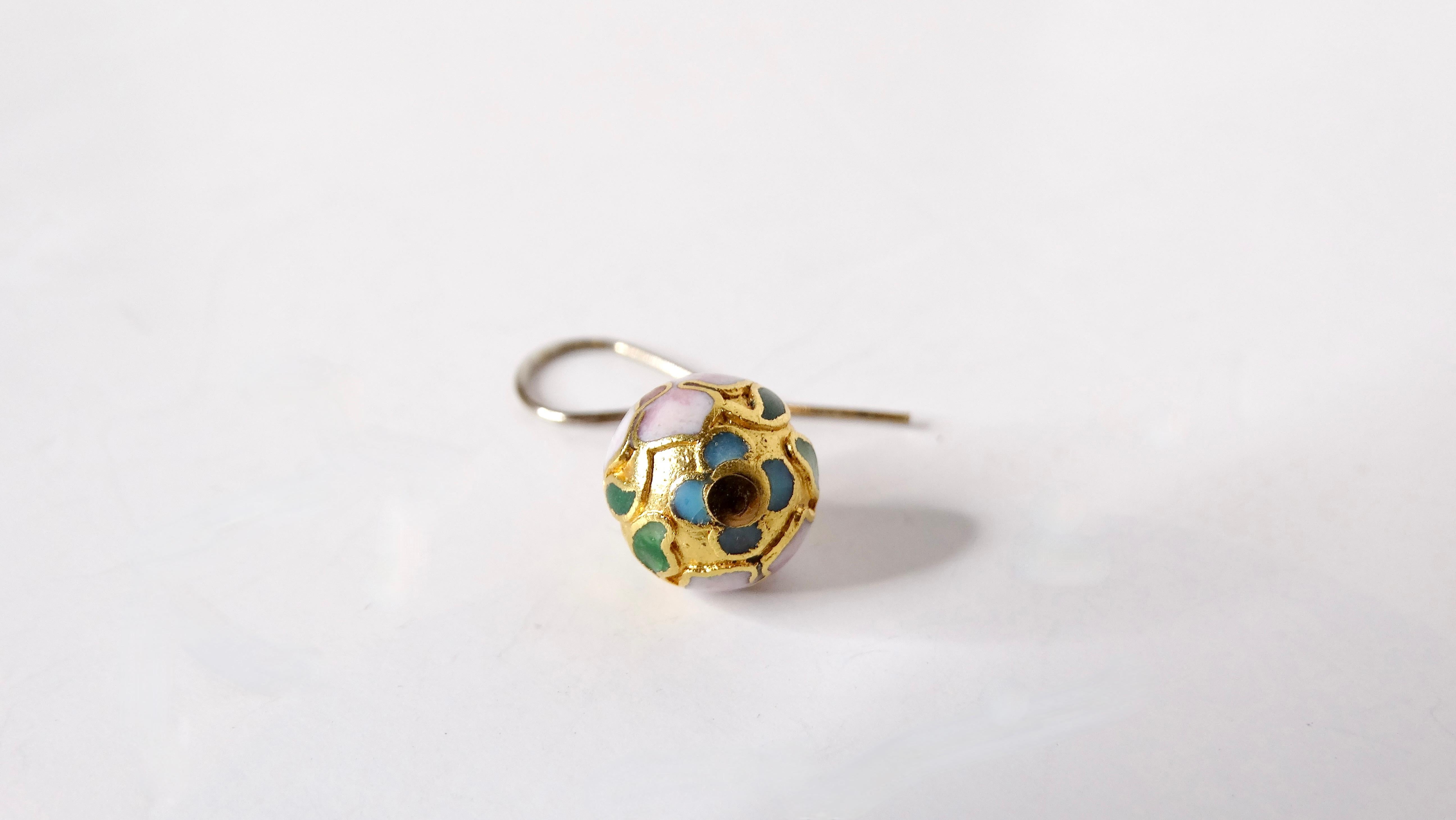 Vintage Cloisonné Enamel 14k Gold Plated Champleve Ball Dangle Earrings In Good Condition For Sale In Scottsdale, AZ