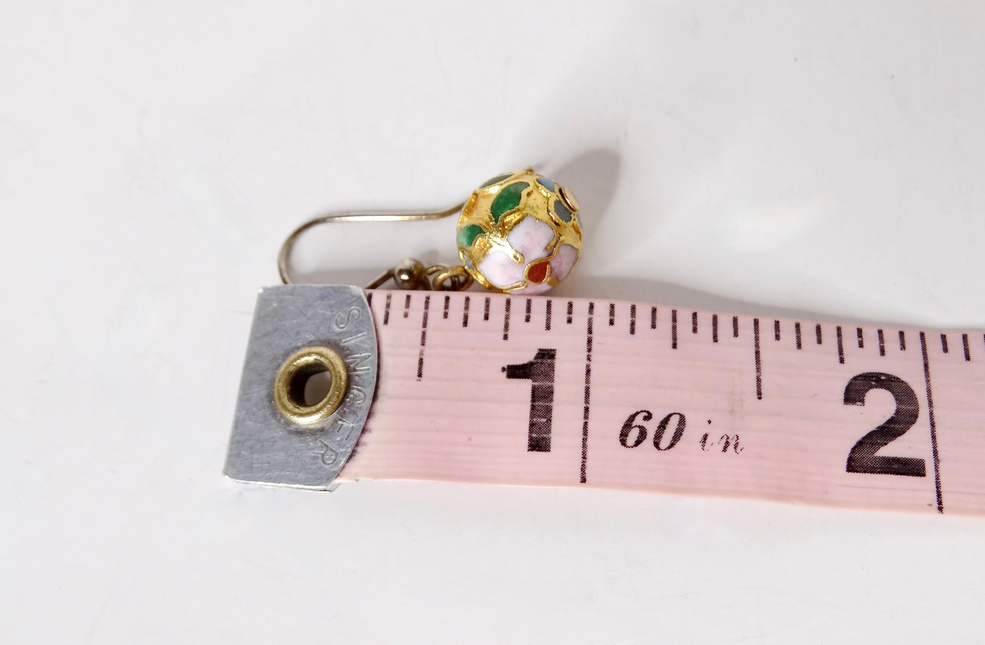 Women's Vintage Cloisonné Enamel 14k Gold Plated Champleve Ball Dangle Earrings For Sale