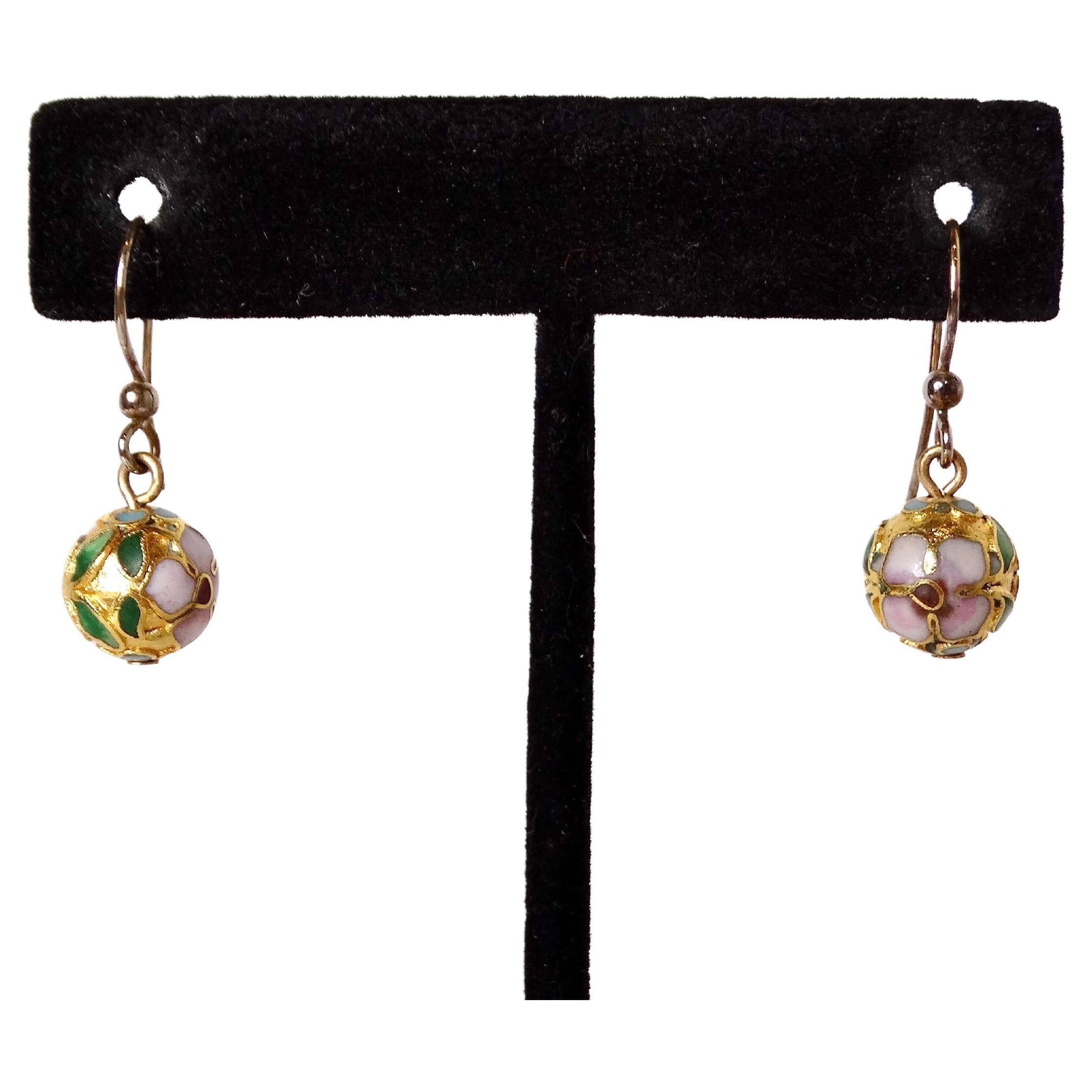 Vintage Cloisonné Enamel 14k Gold Plated Champleve Ball Dangle Earrings For Sale 1