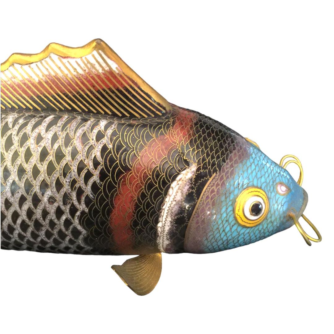 Vintage Cloisonné Enamel Brass Trim Fish Figurine w/ Wood Base In Good Condition For Sale In Naples, FL