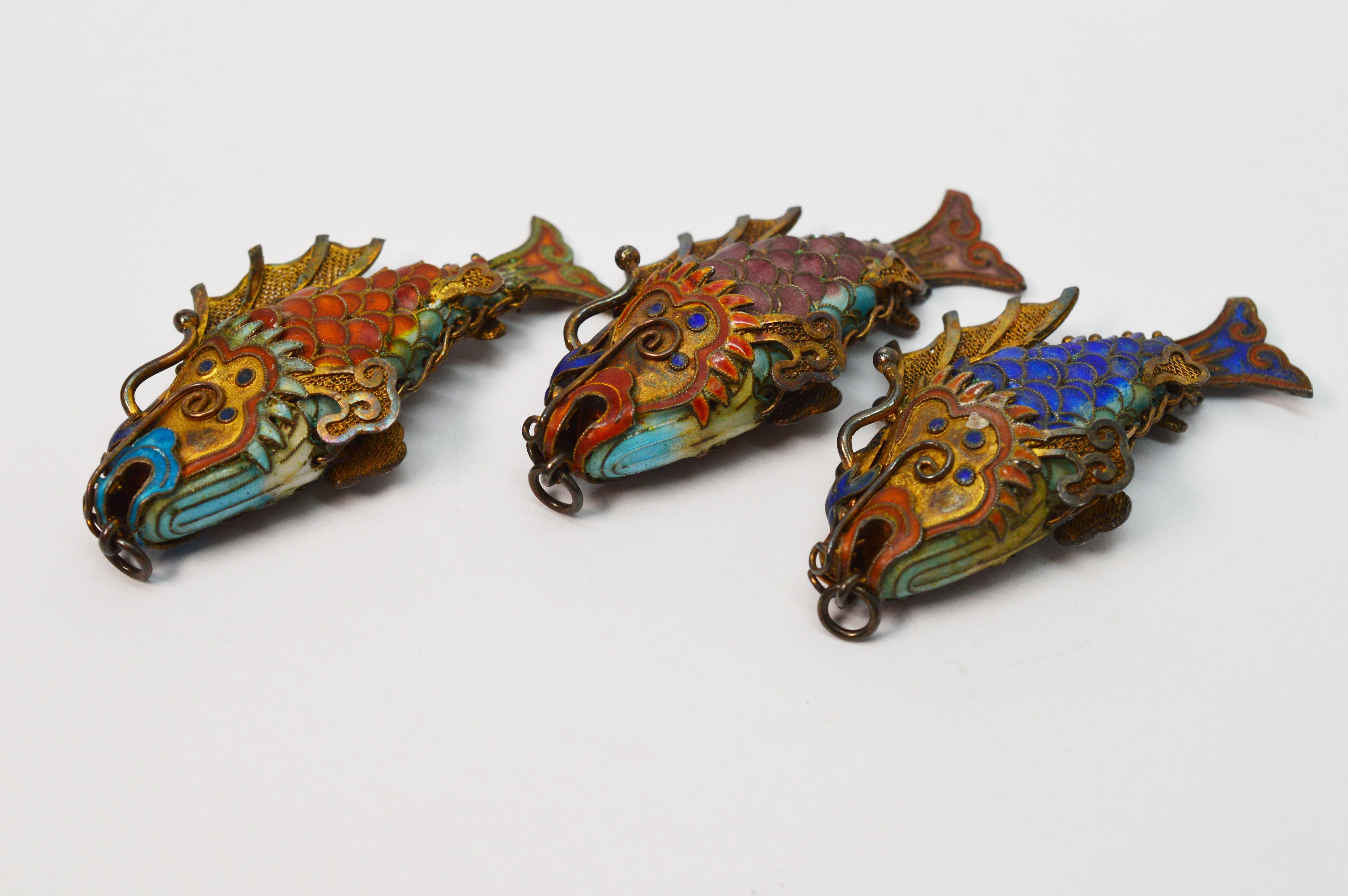 Vintage Cloisonné Enamel Gilt Silver Koi Fish Pendant Charms In Good Condition In Mount Kisco, NY