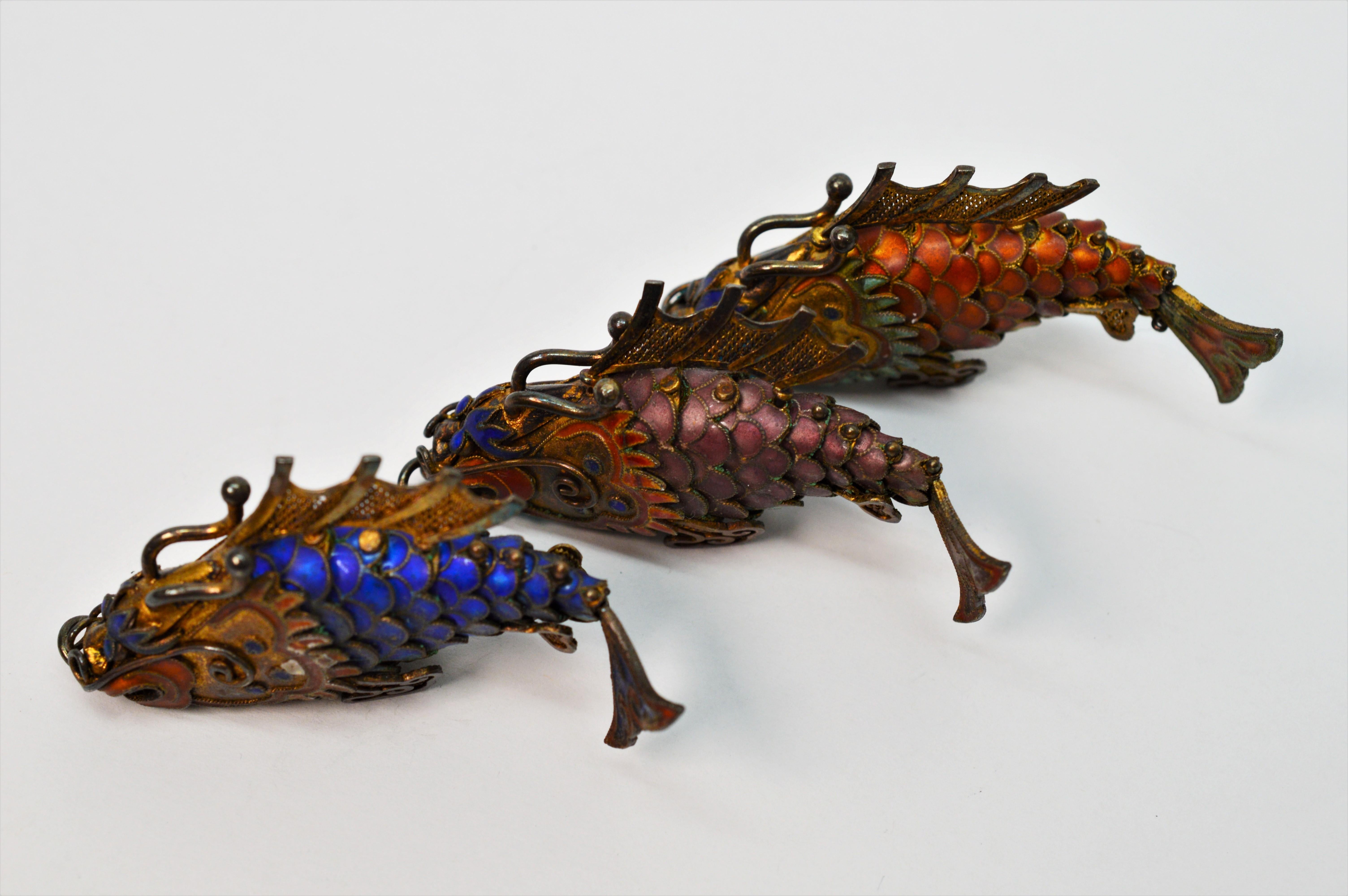 Vintage Cloisonné Enamel Gilt Silver Koi Fish Pendant Charms 2