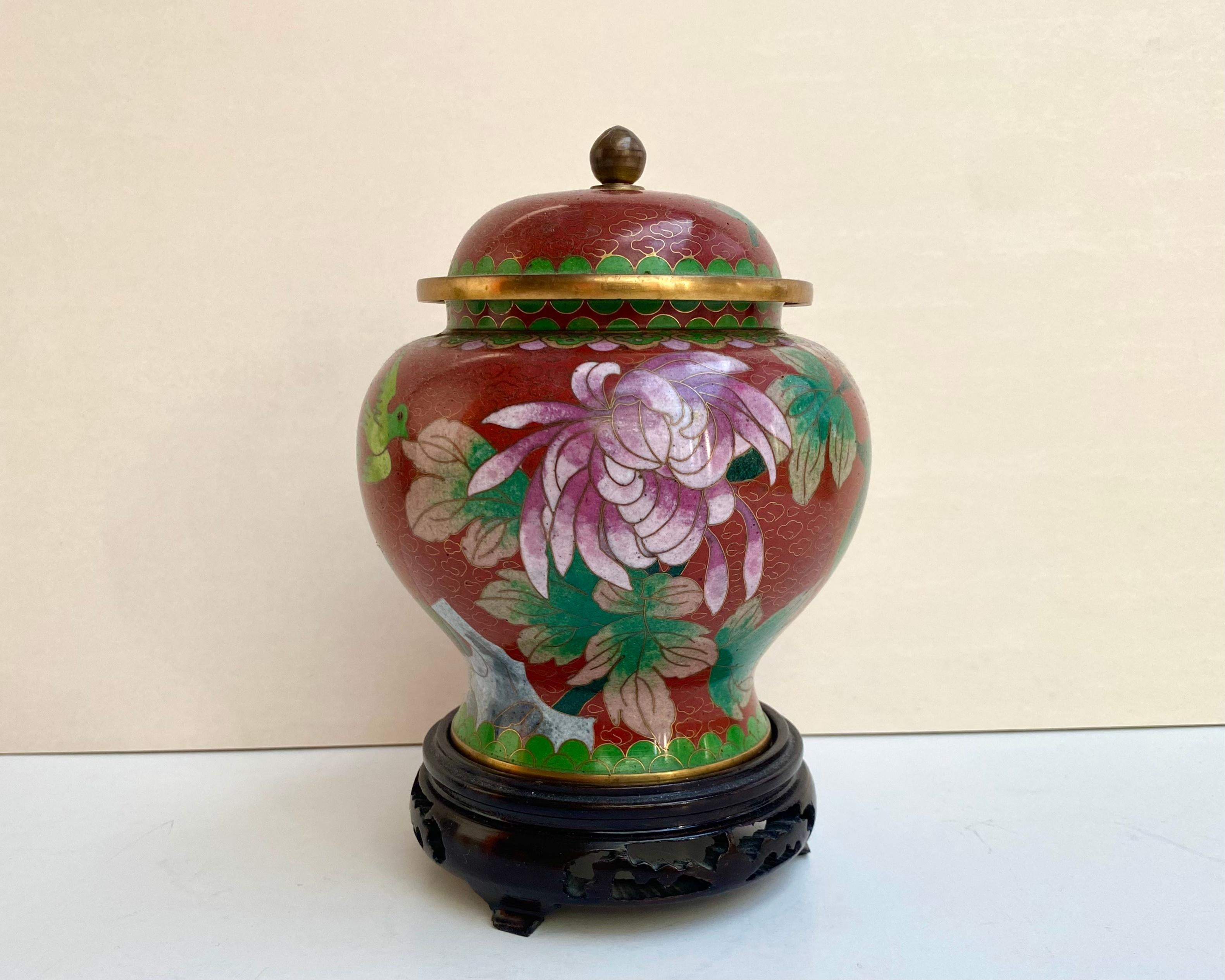 Chinoiserie VIntage Cloisonné Ginger Jar With Lid, China, 1970 For Sale