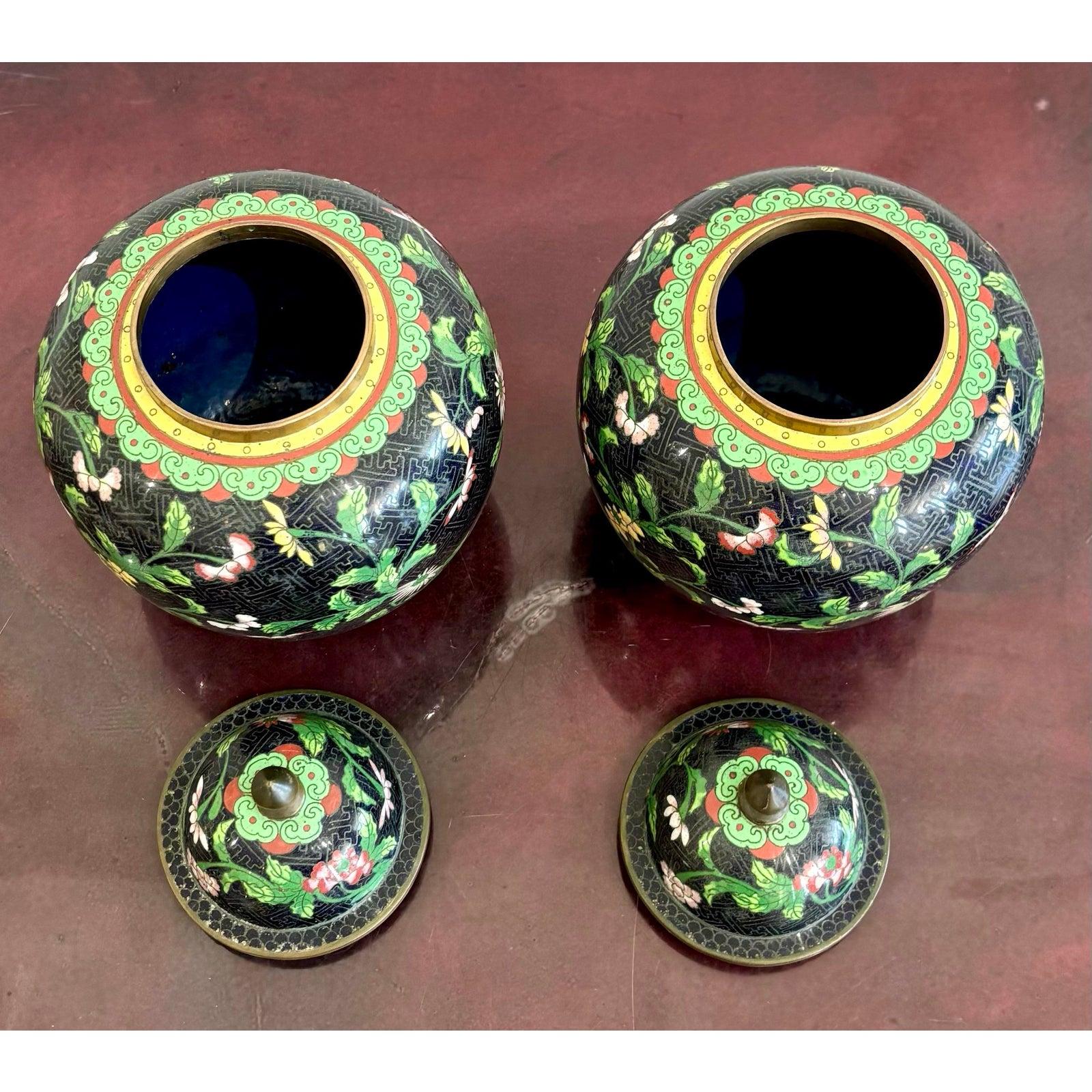 Metal Vintage Cloisonné Ginger Jars - Set of 2 For Sale