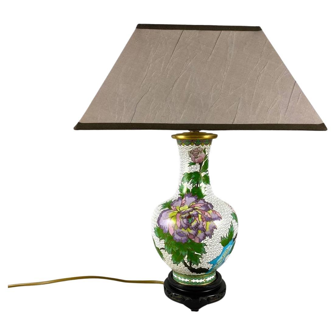 Lampe de table cloisonnée vintage avec décoration de pivoines, Chine, années 1970 en vente