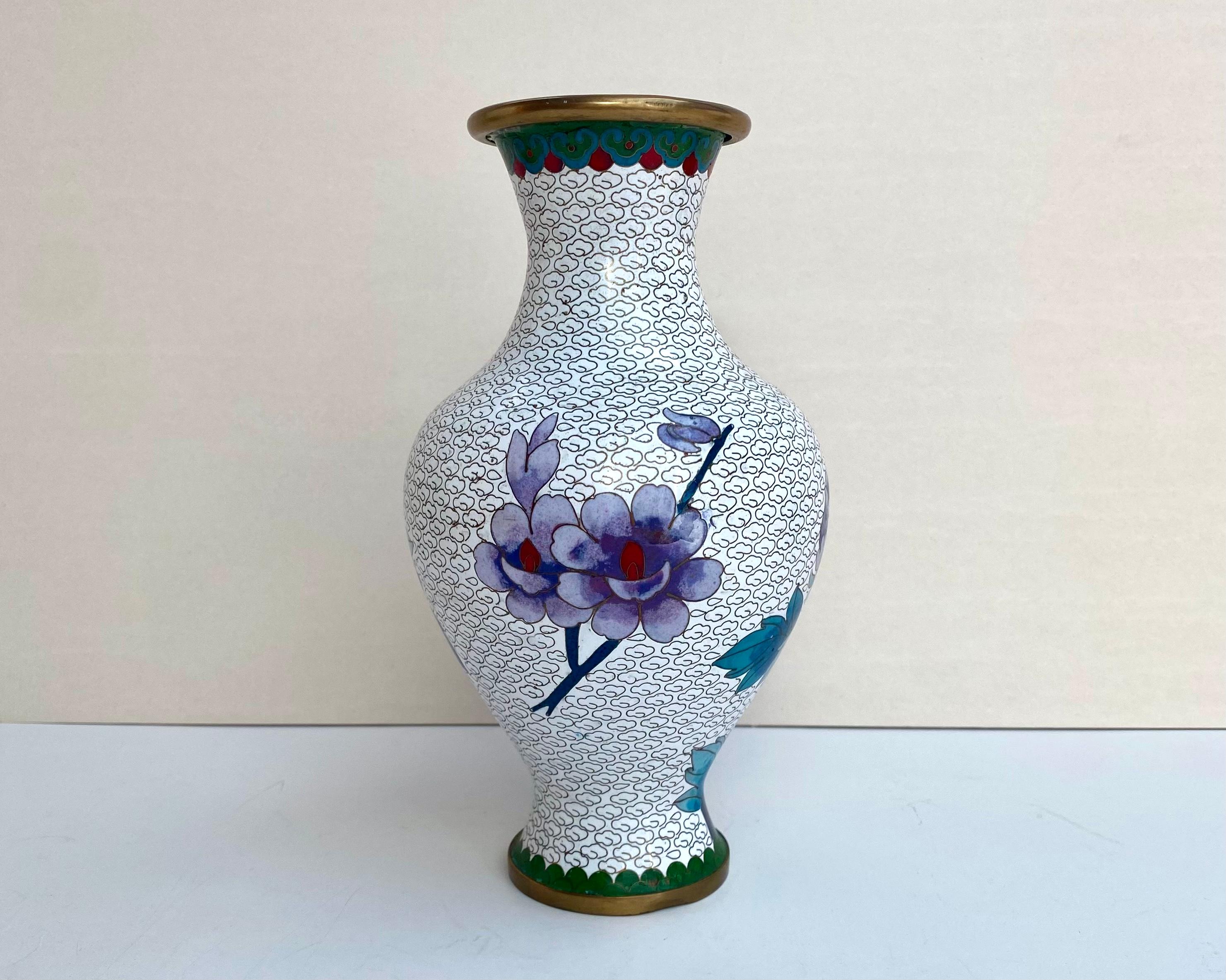Chinoiserie Vintage Cloisonné Vase with Floral Motif, China, 1970s For Sale