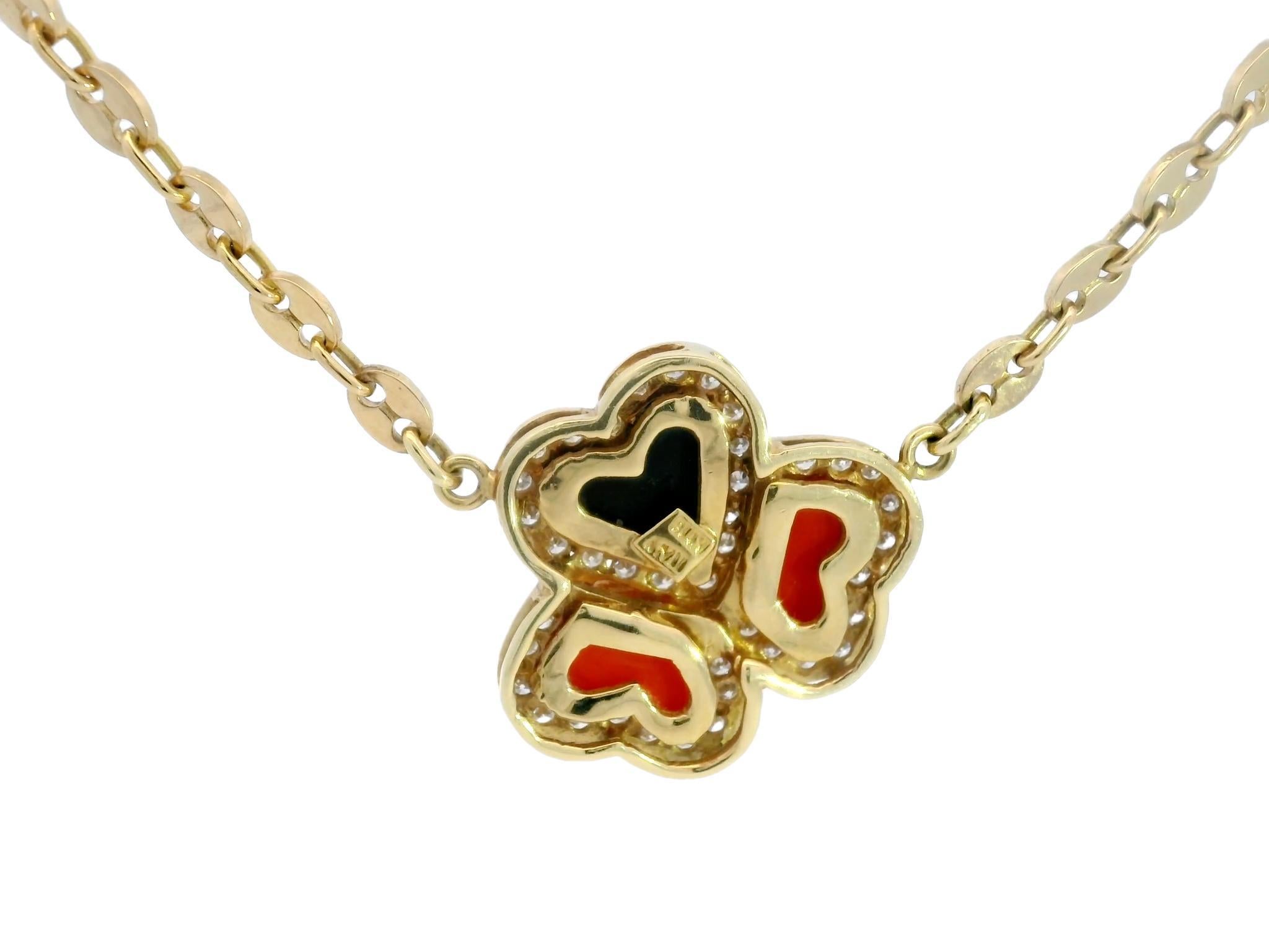Modern Vintage Clover Heart Mariner Necklace Coral Onyx Diamond 18 Karat Yellow Gold