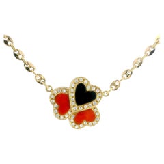 Vintage Clover Heart Mariner Necklace Coral Onyx Diamond 18 Karat Yellow Gold