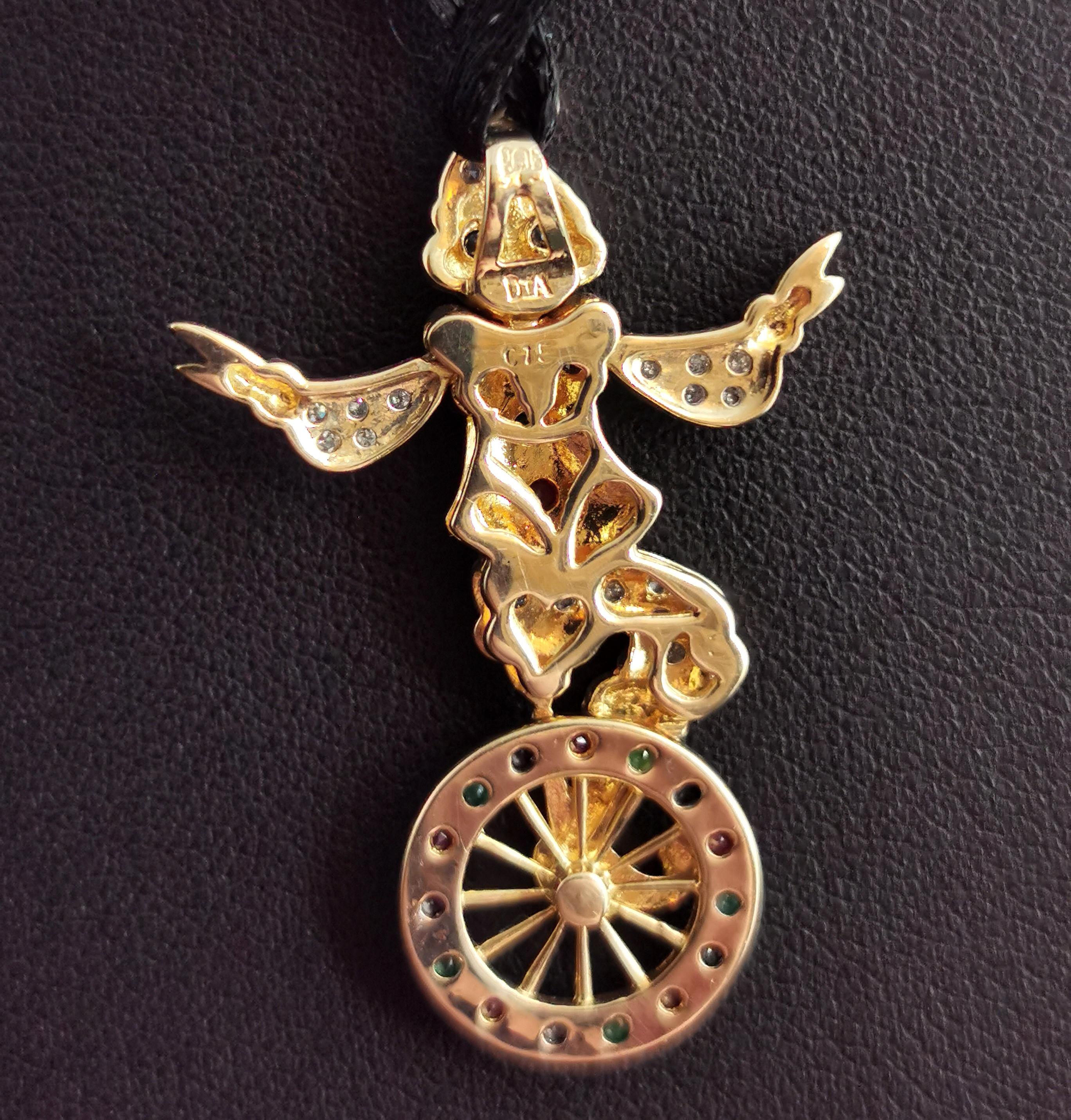 Vintage Clown and Unicycle Pendant, 9k Yellow Gold, Diamond, Emerald, Ruby 1