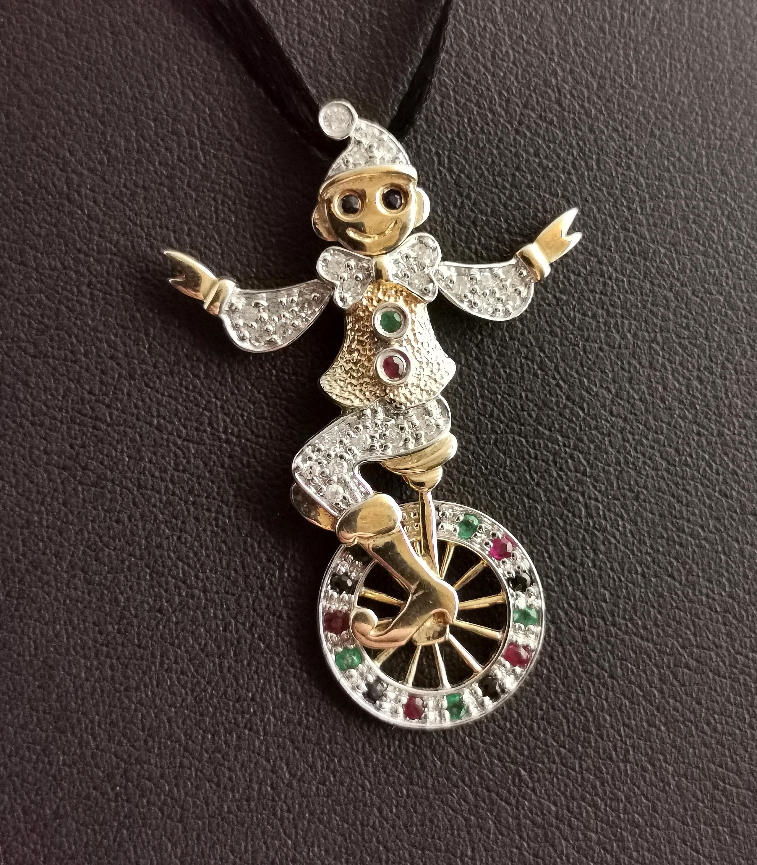 Vintage Clown and Unicycle Pendant, 9k Yellow Gold, Diamond, Emerald, Ruby 2
