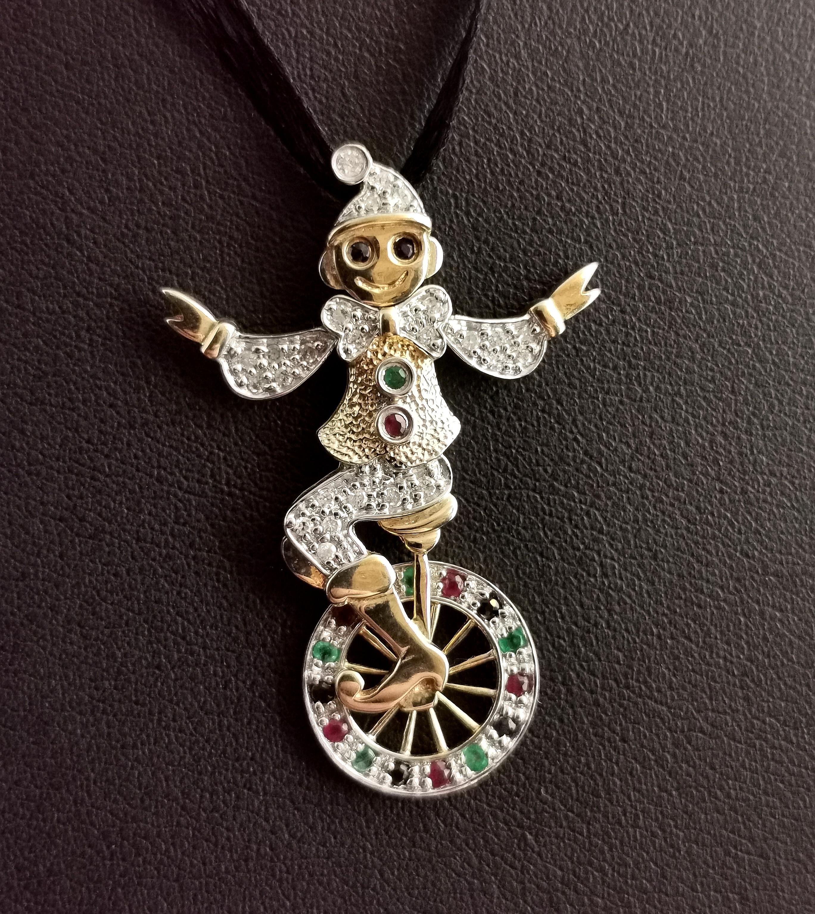 Vintage Clown and Unicycle Pendant, 9k Yellow Gold, Diamond, Emerald, Ruby 3