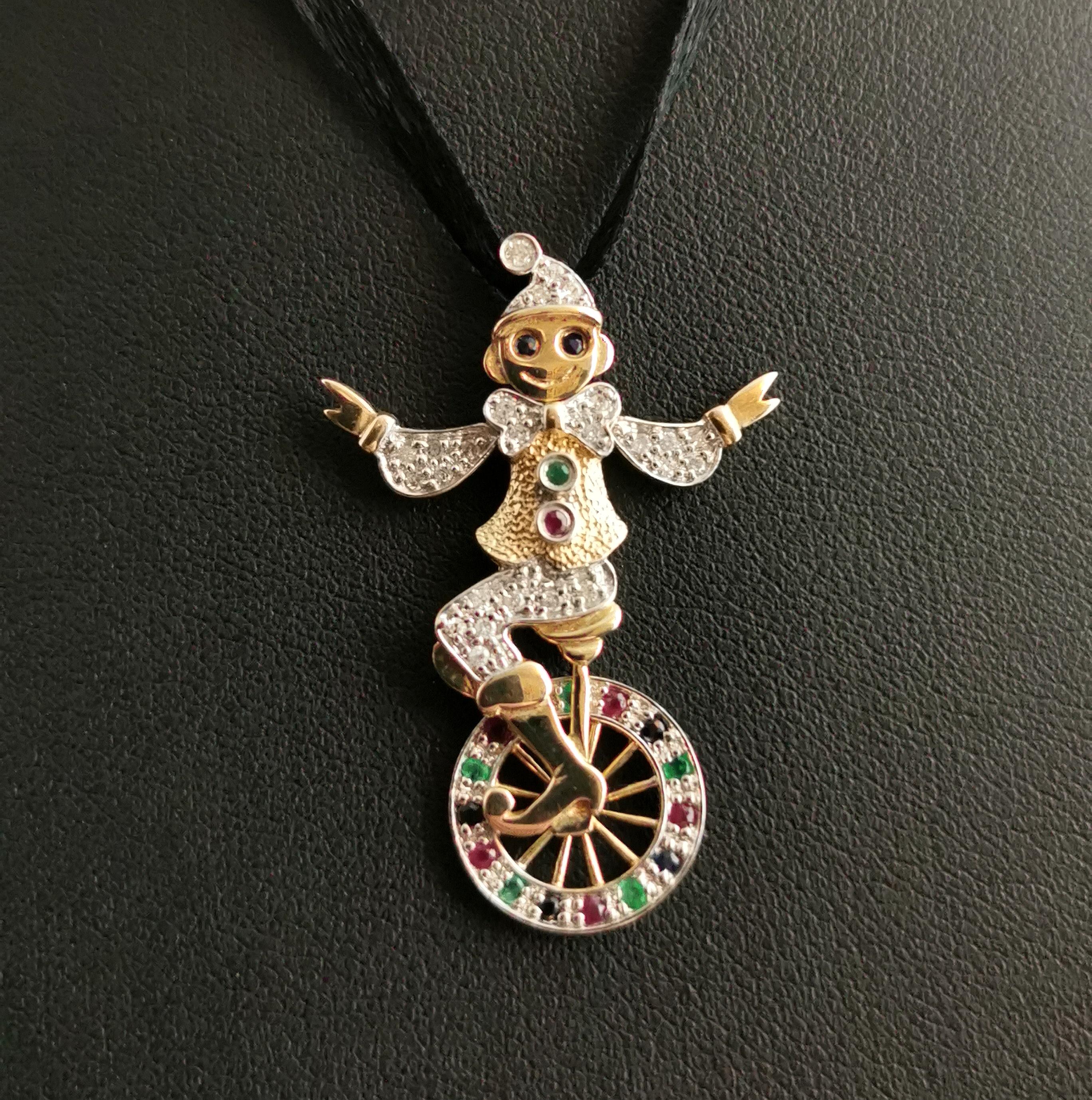 Vintage Clown and Unicycle Pendant, 9k Yellow Gold, Diamond, Emerald, Ruby 4