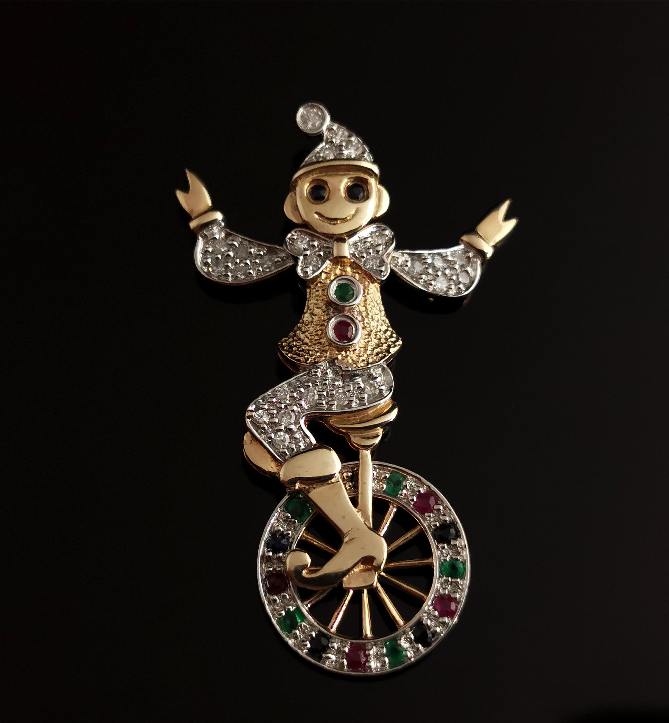 Round Cut Vintage Clown and Unicycle Pendant, 9k Yellow Gold, Diamond, Emerald, Ruby